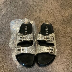 Silver Rhinestone Buckle Sandals Size 7